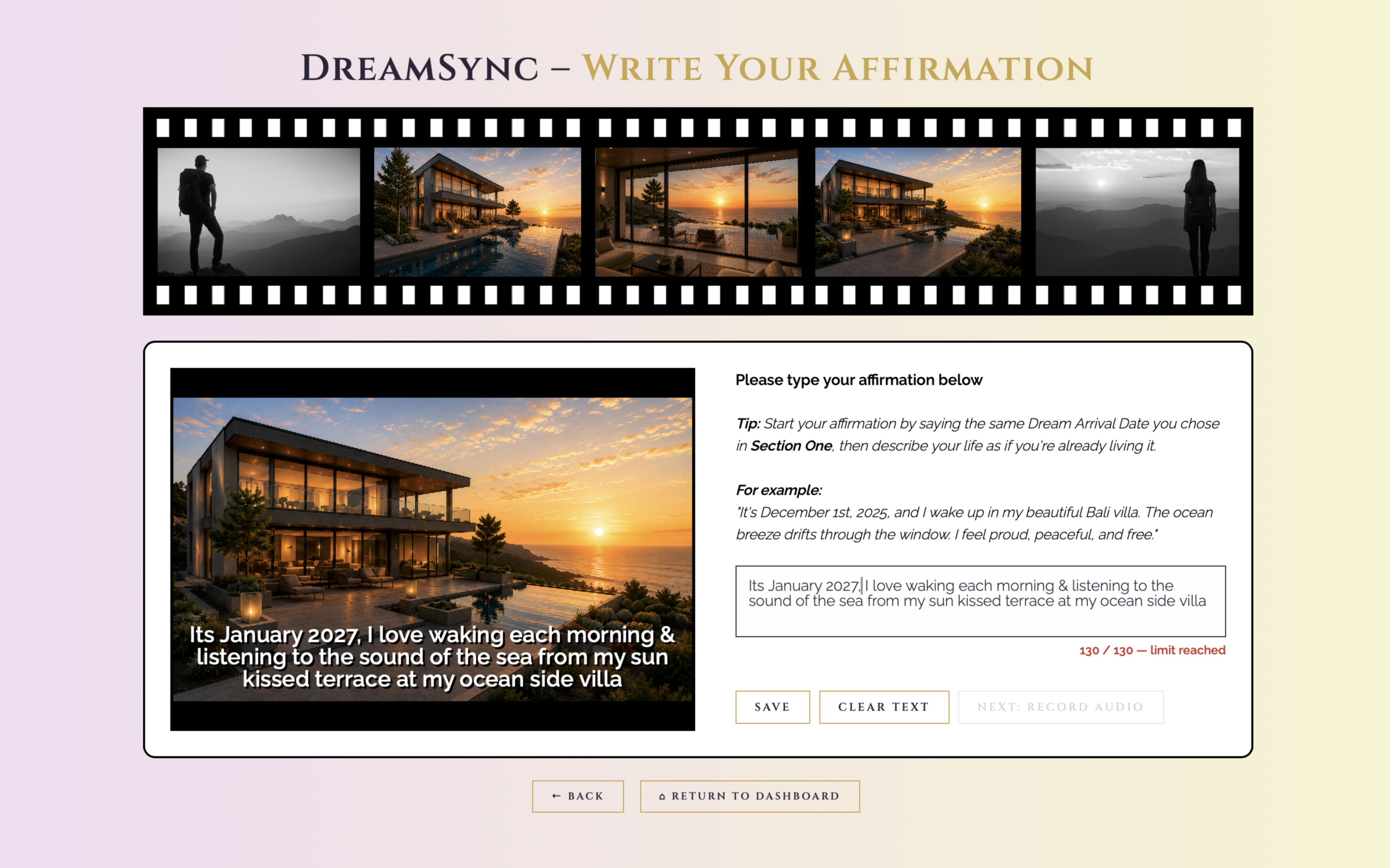 Affirmation screen
