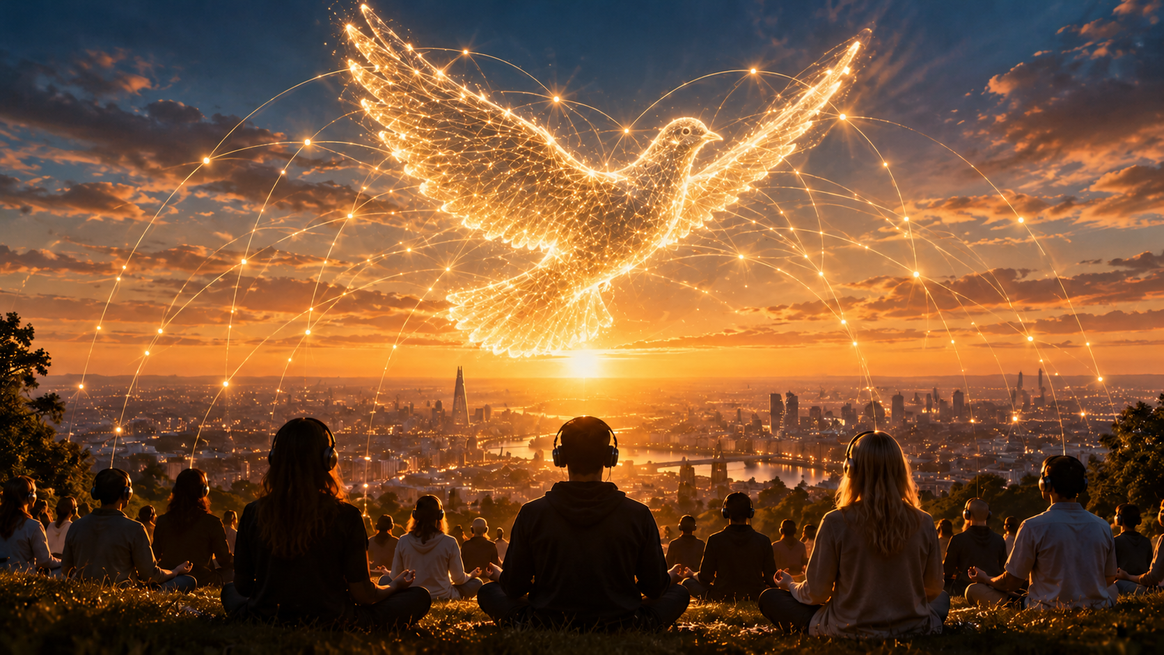 A dove made of light rising over the London skyline, representing collective peace